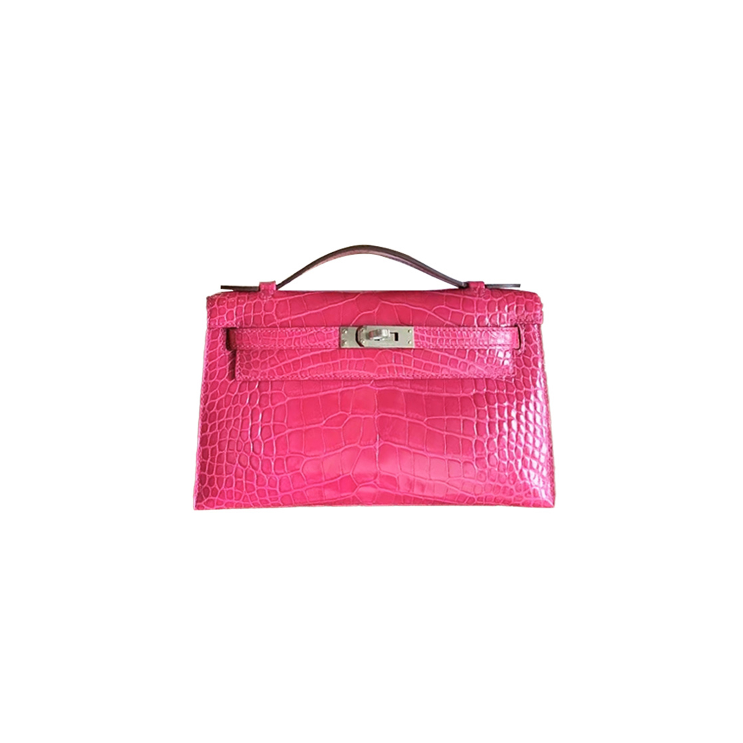 HERMÈS MASTER MINI KELLY CLUTCH GLOSSY CROCODILE PEACH PINK SILVER BUCKLE (22*14*7cm)